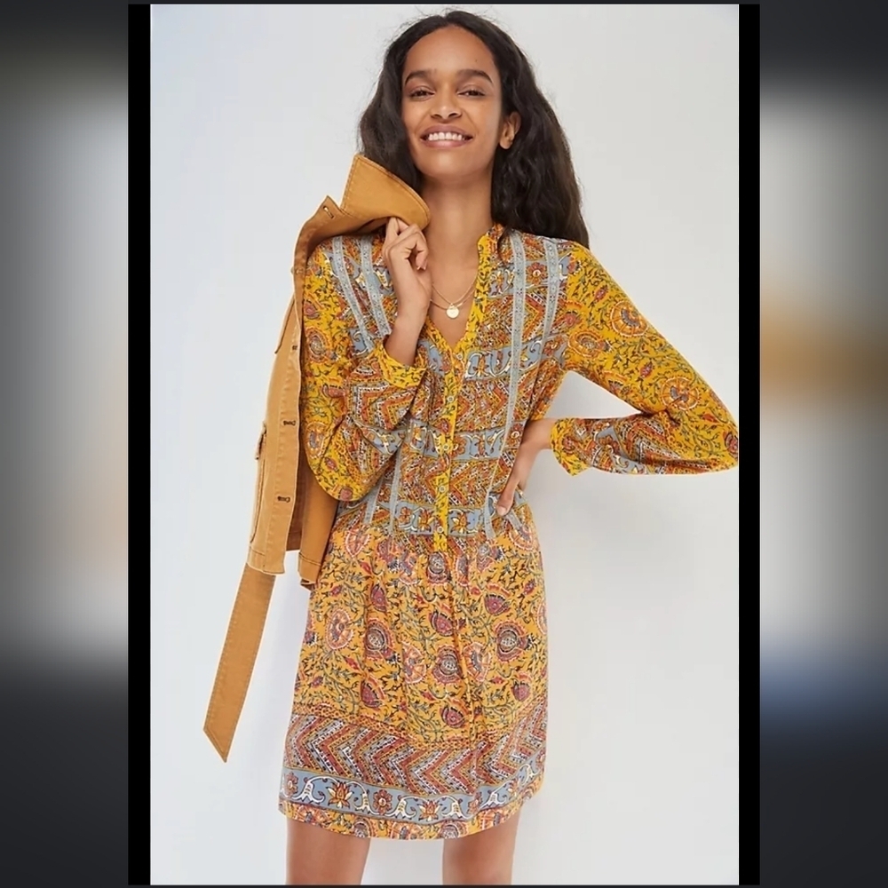 Anthropologie Tiny Ismelda Tunic Dress Mustard Yellow Floral Midi XS